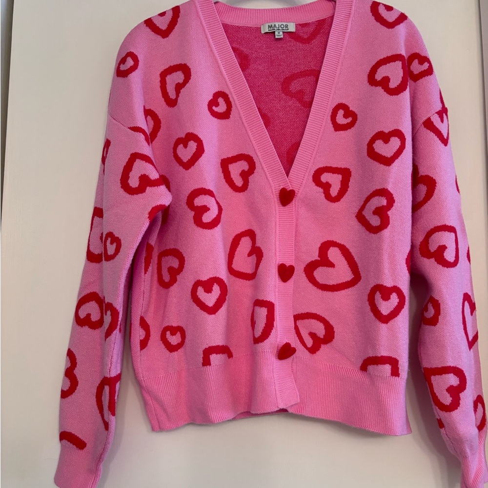 Pink sweater with Red hearts. 3 velvet heart shaped buttons. Medium. worn 1 time